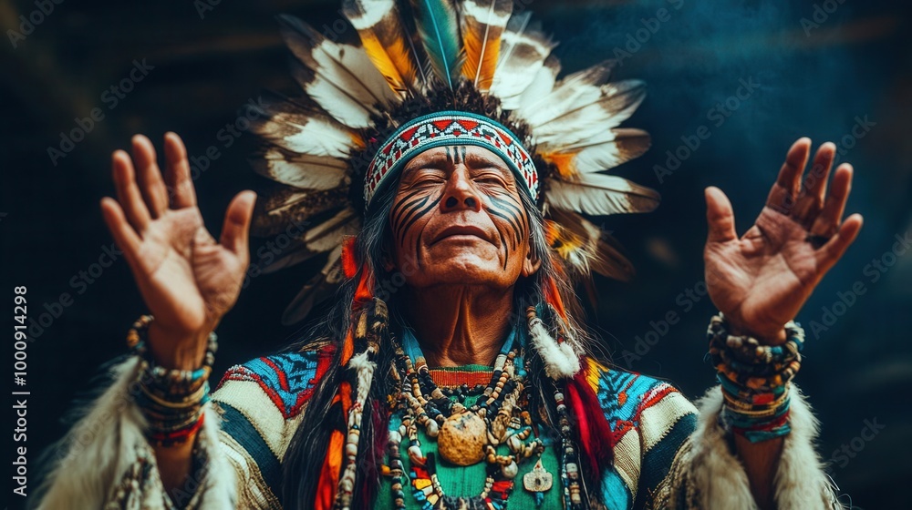 Fototapeta premium Indigenous man in ceremonial attire, hands raised, vibrant colors