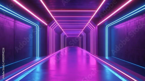 A futuristic, brightly lit corridor with pink and blue neon lights.