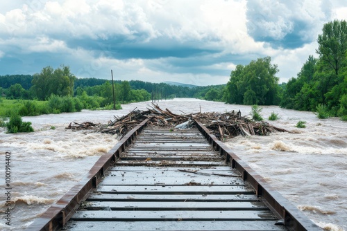 A bridge collapsing under the weight of fastmoving floodwaters, debris piling up as the river rises, bridge collapse flood, flood destruction photo