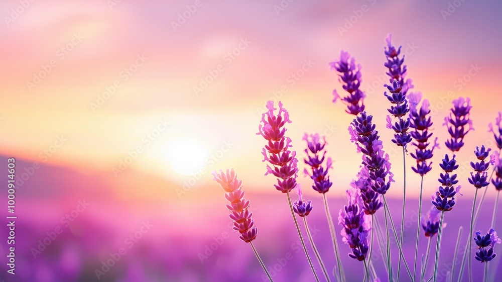 Fototapeta premium Vibrant lavender flowers basking in the warm glow of sunset, creating a calming and serene atmosphere in a picturesque landscape.