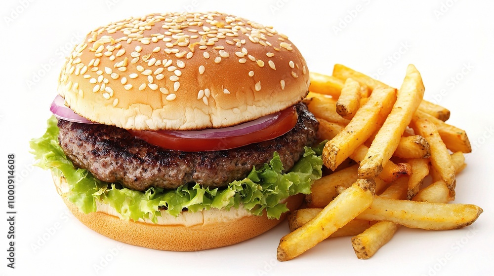 Delicious Burger with Fries on a White Background Delicious Burger with Fries on a White Background