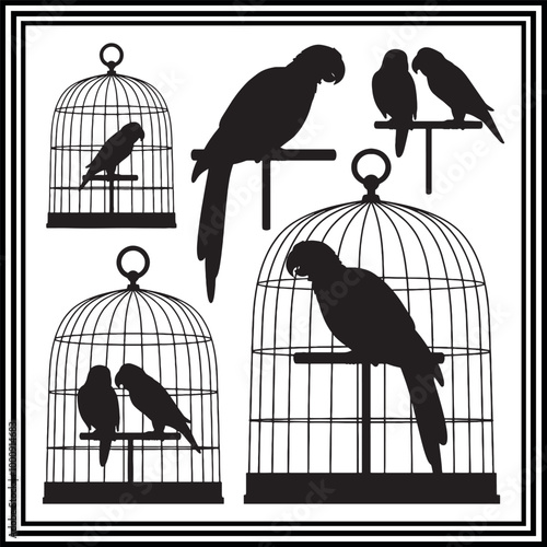Parrots in a cage silhouette illustration, parrot silhouette set