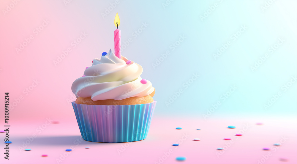 Pastel-colored frosted cupcakes topped with lit candles sit against a dreamy, soft pink and blue gradient background, perfect for birthday celebrations. Pastel-colored frosted cupcakes topped with lit candles sit against a dreamy, soft pink and blue gradient background, perfect for birthday celebrations.