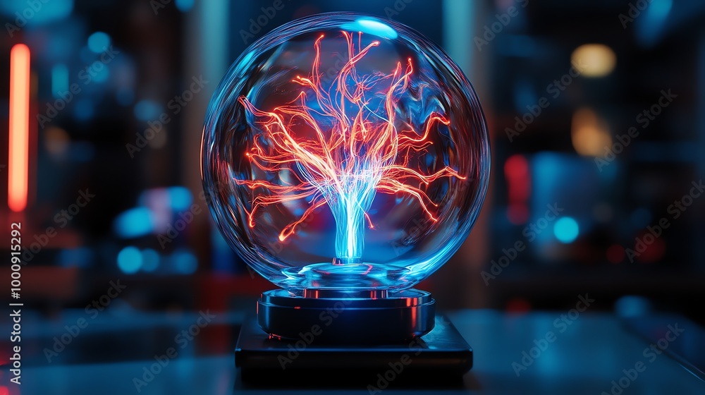 A glowing plasma ball with red and blue electrical currents. A glowing plasma ball with red and blue electrical currents.