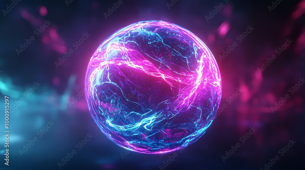 A glowing pink and blue orb with electric currents. A glowing pink and blue orb with electric currents.