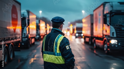 Customs Officer Monitoring Trucks at Border Checkpoint