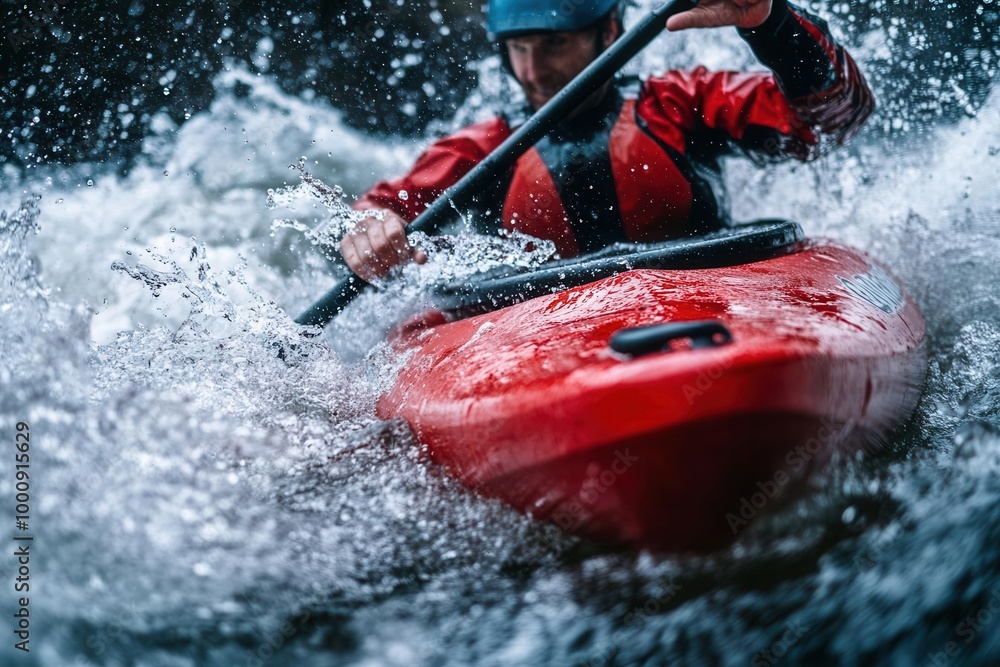 Naklejka premium Kayaker navigating rapid waters in vibrant red kayak.