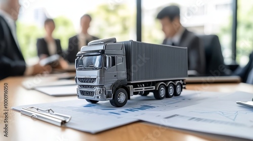 Investment in Logistics - A detailed financial chart and miniature logistics models on a meeting table, representing investment discussions and planning for the transportation industry.