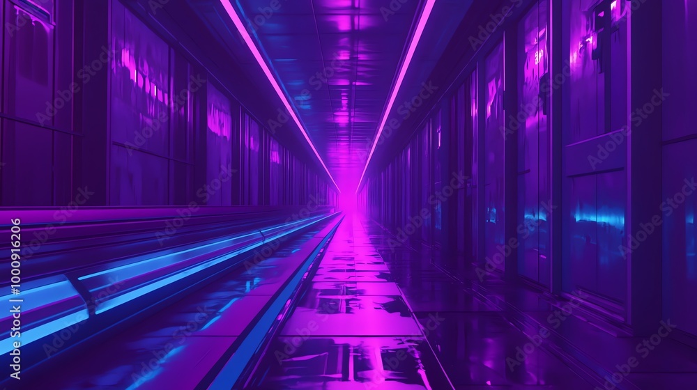 Fototapeta premium A futuristic hallway with glowing pink and blue neon lights.