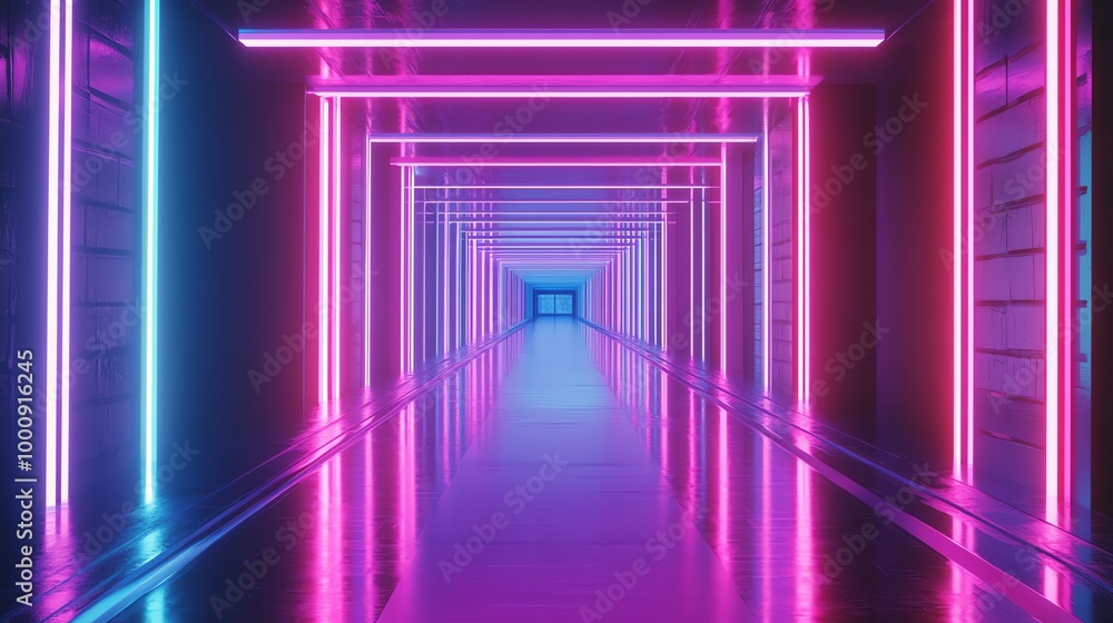 A futuristic hallway with glowing pink and blue neon lights. A futuristic hallway with glowing pink and blue neon lights.