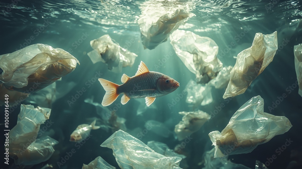 Obraz premium Fish Swimming Through Sea of Plastic Bags