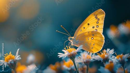 Golden Butterfly Resting on Delicate Flower Petals photo