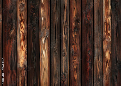 Wooden wall, dark brown timber planks background.