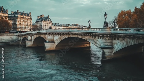 A view of a stone bridge over a river in Paris, France.