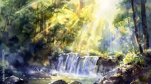 A serene landscape featuring a waterfall surrounded by lush greenery, illuminated by soft sunlight filtering through the trees.