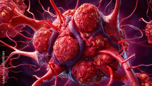 3D Render of Aggressive Metastatic Breast Cancer, Depicting Vivid Tumors Intertwined with Veins, Capturing the Complex and Devastating Nature of Disease Progression in Striking Detail photo