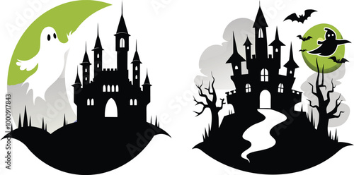 Silhouette of a ghost floating in front of a spooky castle