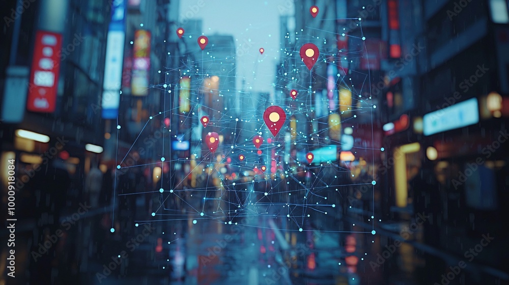 A navigation concept showing a vast cityscape with location pins and interconnecting lines under a pale sky A navigation concept showing a vast cityscape with location pins and interconnecting lines under a pale sky