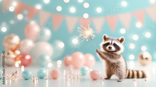 A crafty raccoon standing in front of a New Year s banner, holding a sparkler with a bright, festive backdrop and space for text photo