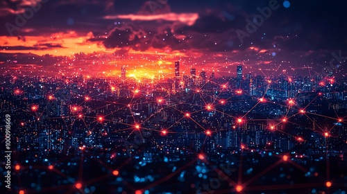 A futuristic city with transparent location pins connected by fine lines hovering over an industrial skyline