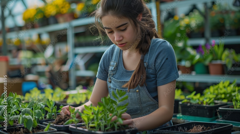 A photo of a pretty young woman in overalls, planting some plants into black planters with soil inside them at an outdoor garden center A photo of a pretty young woman in overalls, planting some plants into black planters with soil inside them at an outdoor garden center
