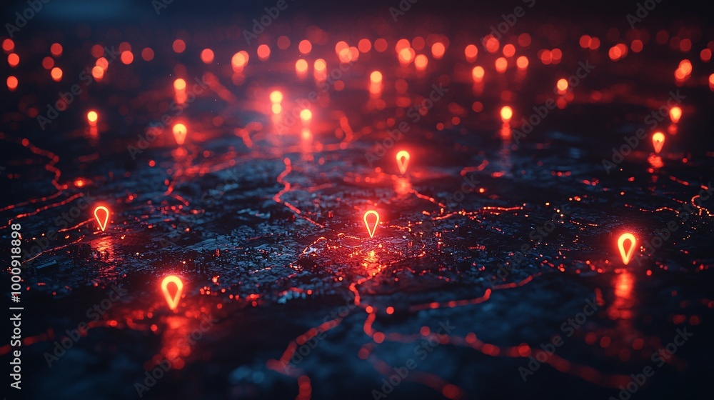 A minimalistic 3D-rendered city with scattered glowing location pins connected by virtual pathways A minimalistic 3D-rendered city with scattered glowing location pins connected by virtual pathways