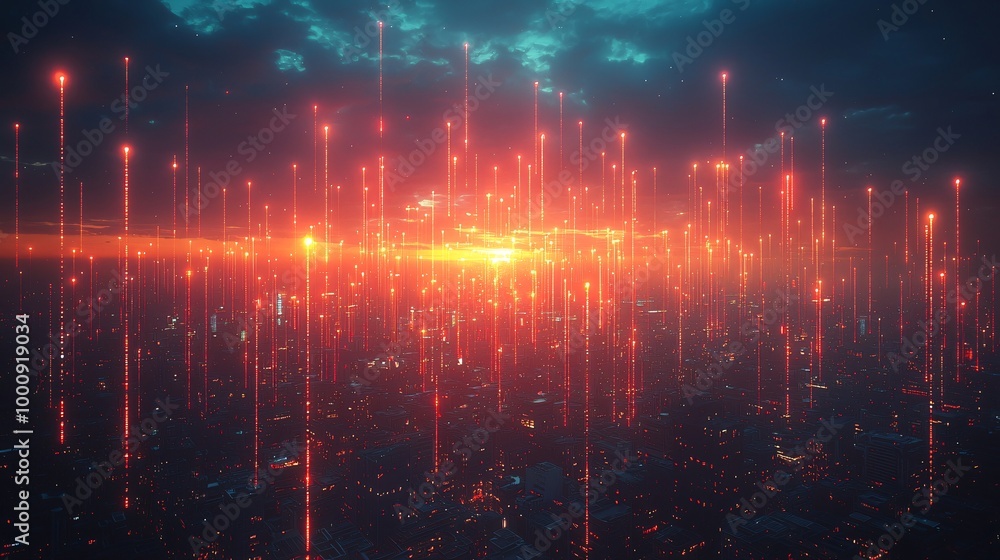 Fototapeta premium A conceptual rendering of a dense city grid with glowing pins floating above key landmarks, with soft light trails