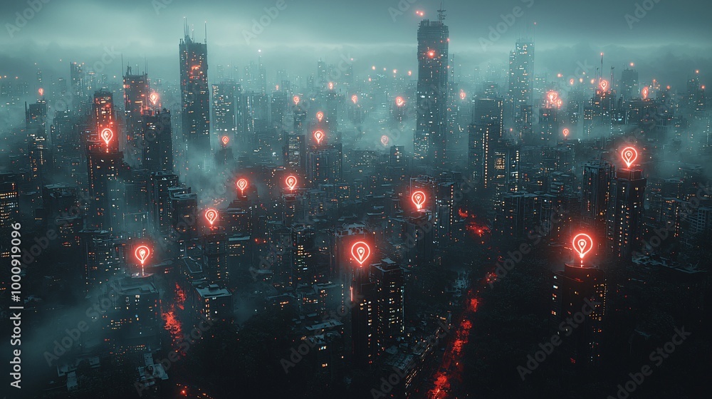 A concept rendering of a citys navigation system, with connected location markers standing out against a foggy background A concept rendering of a citys navigation system, with connected location markers standing out against a foggy background