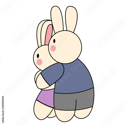 Vector illustration of flat cartoon character cute bunny rabbit hare couple hugging each other thightly photo