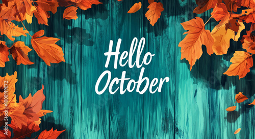 Hello October text with hanging colorful autumn leaves on wooden background, vector illustration design