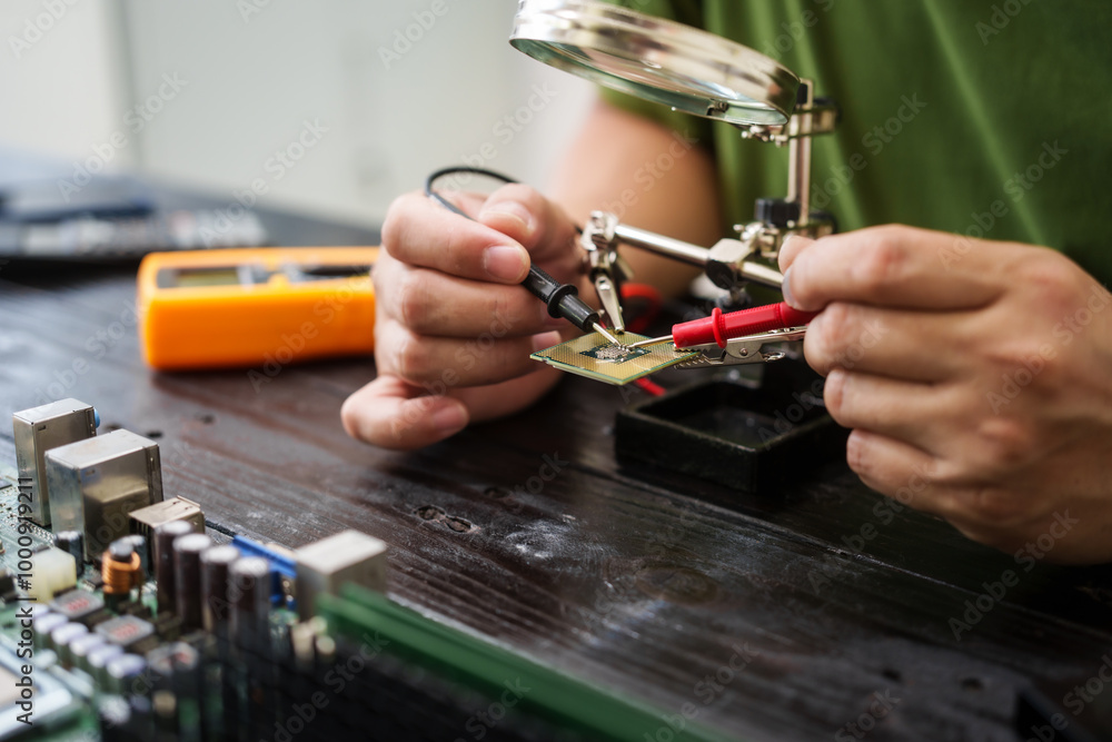 Technician carefully repairs a computer circuit board, using precision tools to address hardware issues. technical expertise needed for troubleshooting and upgrading electronic systems in workspace.