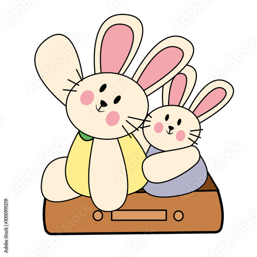 Vector illustration of flat cartoon character cute bunny rabbit hare sibling playing make believe together