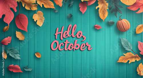 Hello October text with hanging colorful autumn leaves on wooden background, vector illustration design