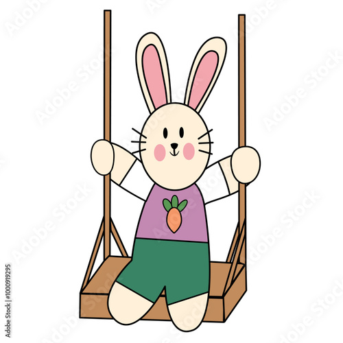 Vector illustration of flat cartoon character cute bunny rabbit hare kid playing on swing
