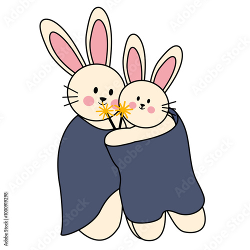 Vector illustration of flat cartoon character cute bunny rabbit hare couple enjoying sparklers fireworks on new year eve