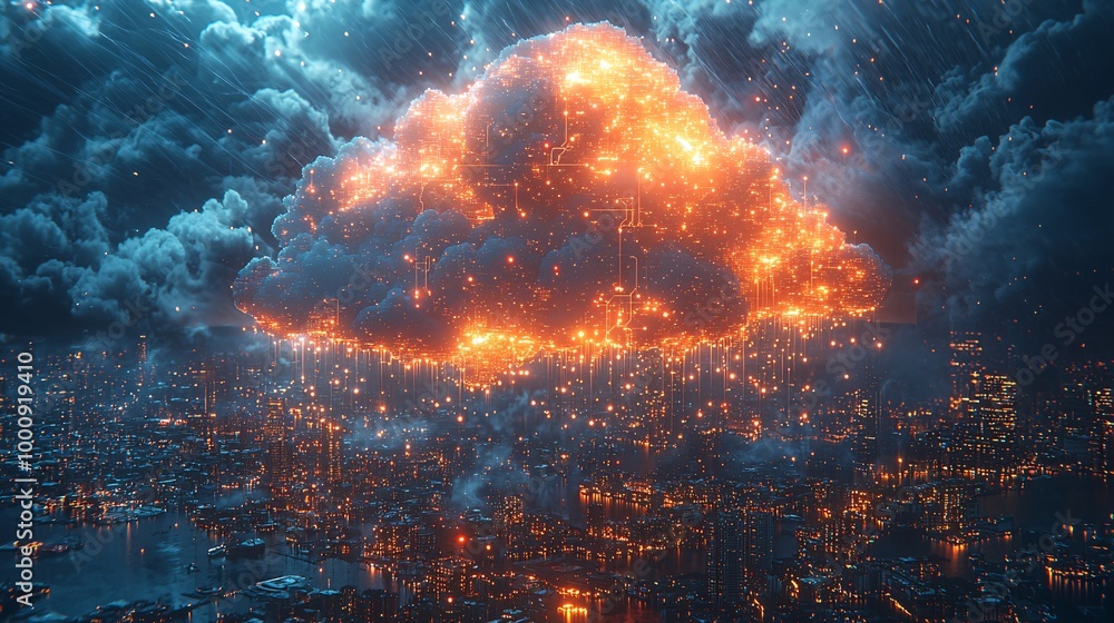 A cloudy skyline over a 3D city layout, with brightly connected pins showing key urban areas A cloudy skyline over a 3D city layout, with brightly connected pins showing key urban areas