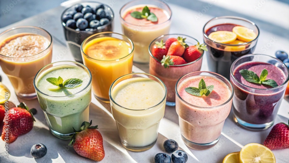 Various of Fruits Smoothie in glass isolated on background, flat lay view of summer drinks and beverages juice for refreshment. Various of Fruits Smoothie in glass isolated on background, flat lay view of summer drinks and beverages juice for refreshment.