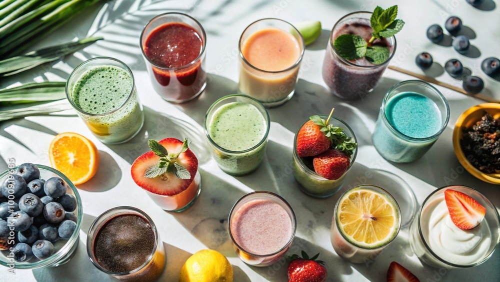 Various of Fruits Smoothie in glass isolated on background, flat lay view of summer drinks and beverages juice for refreshment. Various of Fruits Smoothie in glass isolated on background, flat lay view of summer drinks and beverages juice for refreshment.