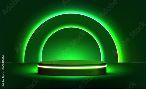 Theme product display podium neon laser green cyber background. Vector. photo