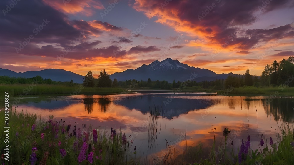 Fototapeta premium Beautiful sunset over the lake with mountains in the background, showcasing colorful clouds in the sky, and a peaceful water reflection of the mountains, creating a stunning sunset panorama