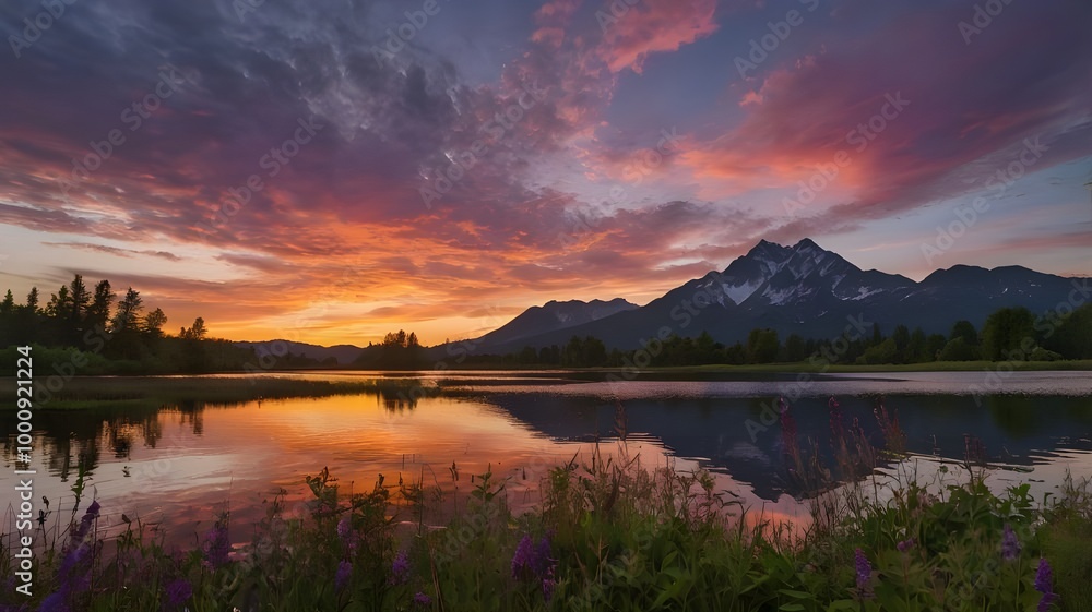 Beautiful sunset over the lake with mountains in the background, featuring colorful clouds in the sky, and a peaceful water reflection of the mountains, creating a stunning sunset panorama Beautiful sunset over the lake with mountains in the background, featuring colorful clouds in the sky, and a peaceful water reflection of the mountains, creating a stunning sunset panorama