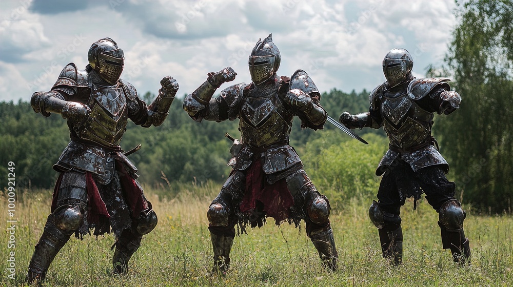 Three individuals dressed in full medieval armor are standing on a grassy field under a cloudy sky. They appear to be engaged in a combat stance, with the person in the middle slightly ahead of the ot Three individuals dressed in full medieval armor are standing on a grassy field under a cloudy sky. They appear to be engaged in a combat stance, with the person in the middle slightly ahead of the ot