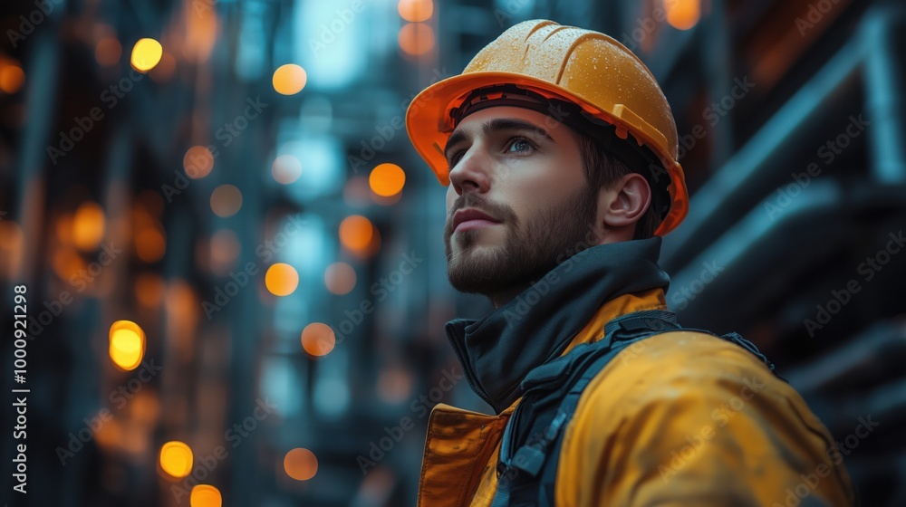 A young worker in a helmet at a construction site. Portrait of a builder on a blurred background. A young worker in a helmet at a construction site. Portrait of a builder on a blurred background.