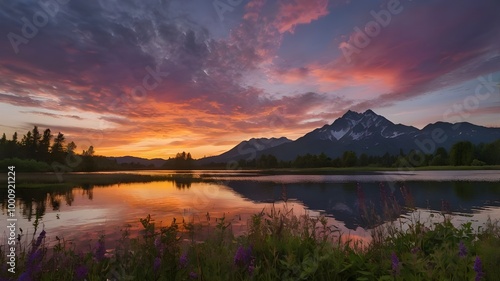 Beautiful sunset over the lake with mountains in the background, featuring colorful clouds in the sky, and a peaceful water reflection of the mountains, creating a stunning sunset panorama