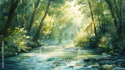 A serene forest scene featuring a gently flowing river, dappled sunlight filtering through lush green foliage, creating a peaceful atmosphere.