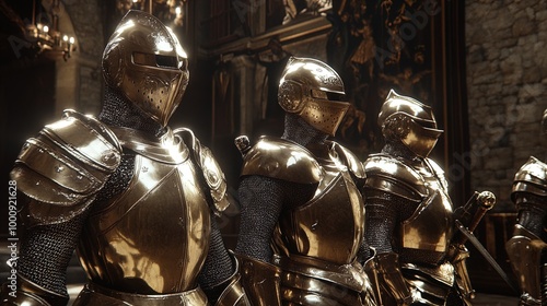 The image displays a group of knights dressed in shining, golden armor, standing side by side. The intricate and polished metal surface of their armor is highly reflective, giving off a majestic glow.