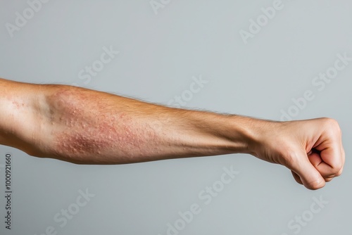 Cropped hand of a man with inflamed flaky skin isolated on a monotone gray background. Photo of dermatitis, skin disease or allergic reaction.