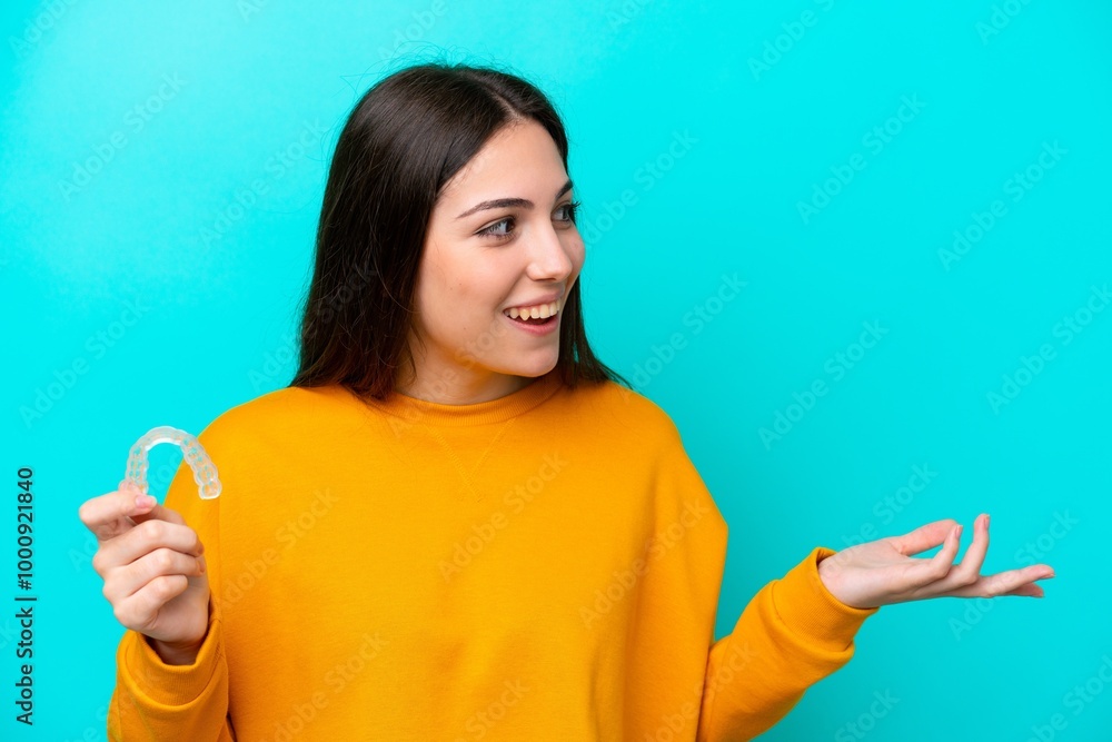 Young caucasian woman holding invisible braces isolated on blue background with surprise facial expression Young caucasian woman holding invisible braces isolated on blue background with surprise facial expression