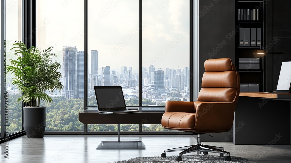 Fototapeta premium A modern office with a city view, featuring a desk, laptop, and a brown leather chair.