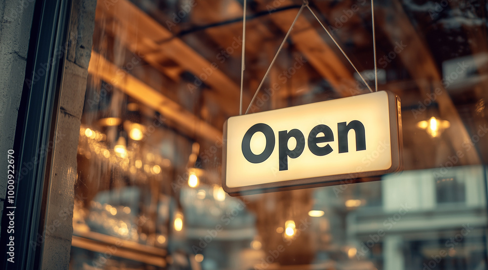 Obraz premium Rustic wooden “Open” signs hang invitingly on shop doors with a soft focus on warm interiors, representing business hospitality and welcoming customers. 